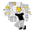 Data systematization, collecting and analyzing information, intellectual worker making analysis of some data on pc or web, vector