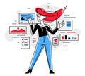 Data systematization, collecting and analyzing information, woman intellectual worker making analysis of some data on pc or web,
