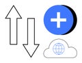 Data Transfer and Cloud Storage Icons with Upload Download Arrows and Plus Symbol Royalty Free Stock Photo