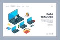 Data transfer landing page. Isometric information transfer web page. Business team, local network