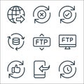 data transfer line icons. linear set. quality vector line set such as queue, transfer, good feedback, ftp, ftp, database, checked