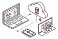Data transfer processes between a laptop, cloud storage, and a mobile device, illustrating digital connectivity and information Royalty Free Stock Photo