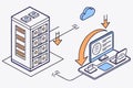 Data transfer between a server and a computer with cloud connectivity represented in a simplified graphic Royalty Free Stock Photo