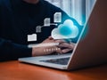 Data transfer service, file migration, backup files concept. Document from folder moving to cloud storage with loading progress Royalty Free Stock Photo