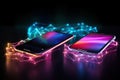 Data transfer between two mobile phones. Concept of sharing information securely between devices using modern technology.