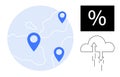 Global data transfer concept with location markers on a map, cloud computing, and percentage sign Royalty Free Stock Photo