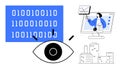 Data Visualization and Analysis Concept with Binary Code, Eye, Virtual Presentation, and Cityscape Elements Royalty Free Stock Photo