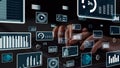 Data Visualization and Analysis Concept with Graphs, Statistics, Charts, and Digital Interfaces on a Laptop Keyboard in Royalty Free Stock Photo