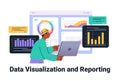 Data visualization concept with person analyzing graphs charts and laptop colorful dashboard elements modern design