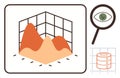 Data visualization with 3D graph, magnifying glass, and database chart for analytics Royalty Free Stock Photo