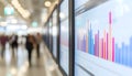 modern business office corridor with digital screens displaying colorful bar graphs and blurred people walking in background Royalty Free Stock Photo