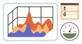 Data Visualization with Line Graph, Customer Ratings Interface, and Speedometer Icon Royalty Free Stock Photo