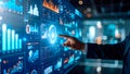 Data Visualization: Man interacts with large display showing data and complex charts Royalty Free Stock Photo