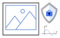 Data Visualization with Mountain Landscape, Secure Shield, and Sine Graph Elements Highlighting Analysis Royalty Free Stock Photo