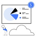 Data visualization with pie chart and financial symbol, person analyzing cloud-stored insights Royalty Free Stock Photo
