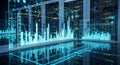 Futuristic data center visualization with glowing graphs and server racks displaying data Royalty Free Stock Photo