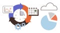 Data visualization tools with arrows, clock, calendar, and charts for workflow and productivity management Royalty Free Stock Photo