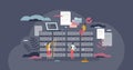 Data warehouse center with database storage systems tiny person concept