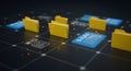 Data Yellow Folders and Blue Document Icons on Network Grid Royalty Free Stock Photo
