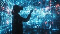 A data yst standing in front of a wallsized screen lost in thought as they navigate through a visually stunning virtual