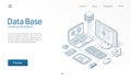 Database, big data, host server modern isometric line illustration. Datacenter, file protection center business sketch