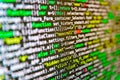 Database bits access stream visualisation. IT coding on monitor screen. Close up of computer web page code inside of html file. Royalty Free Stock Photo