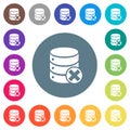 Database cancel flat white icons on round color backgrounds