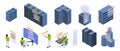 Database center room isometric elements and staff Royalty Free Stock Photo