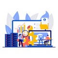 Database creative concept with tiny character. Team of coders programmers teamwork on data research development flat vector Royalty Free Stock Photo