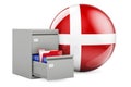 Database in Denmark, concept. Folders in filing cabinet with Danish flag, 3D rendering Royalty Free Stock Photo