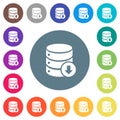 Database down flat white icons on round color backgrounds