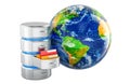 Database with Earth Globe. Global communication concept, 3D rendering Royalty Free Stock Photo
