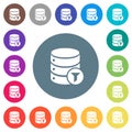 Database filter flat white icons on round color backgrounds