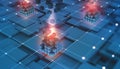 Database in global cyberspace 3D illustration. New power quantum processor
