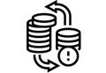 Database icon with coin stacks and circular arrows showing data transfer, synchronization Royalty Free Stock Photo