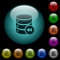 Database macro fast backward icons in color illuminated glass buttons