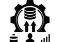 Database management icon with gear and upload arrows, server stack and analytics bars Royalty Free Stock Photo