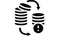 Database migration icon with stacked server disks, transfer arrows and warning alert symbol Royalty Free Stock Photo