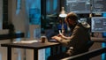 Database programmer typing server code on multiple screens Royalty Free Stock Photo