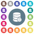 Database properties flat white icons on round color backgrounds