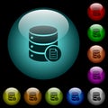 Database properties icons in color illuminated glass buttons