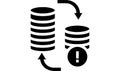 Database replication icon with server stacks, curved sync arrows and warning alert symbol Royalty Free Stock Photo
