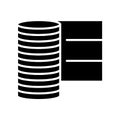 Database server icon with stacked disk storage and rack unit symbol, flat black silhouette Royalty Free Stock Photo