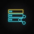 Database, server, share. Blue neon vector icon. Transparent background