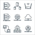 database and servers line icons. linear set. quality vector line set such as home network, data, local, cloud, network, malware,