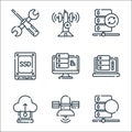 database and servers line icons. linear set. quality vector line set such as database, satellite, cloud server, monitoring, server