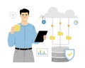 Database system, cloud computing technology, file document archive, storage server connect. Man administration working Royalty Free Stock Photo