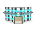 Databases 3d with closed padlock and chain isolated on white background