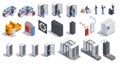 Datacenter communication equipment collection of isolated isometric icons with server racks cooling system workstations and people Royalty Free Stock Photo