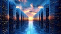 Datacenter filled with rows of server racks cloud computing and storage, Generative AI Royalty Free Stock Photo